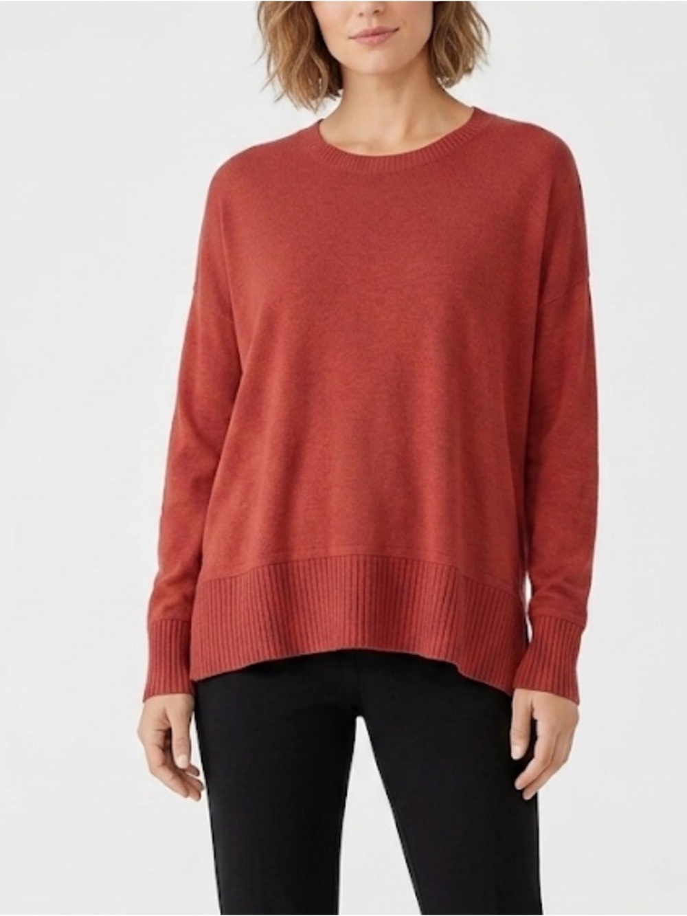 NWT Eileen Fisher Cozy Italian Viscose Stretch Round Neck Burnt Red (Orig $228)